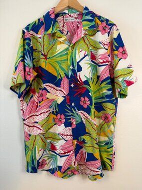 Hawaiian Vacation Mens Floral Button-Up Shirt Short Sleeve Tropical Size L Made